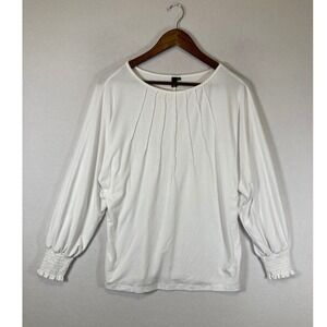 Minimalist Automet Women Med White Pleated Neck Smocked Cuff Balloon Sleeve Top